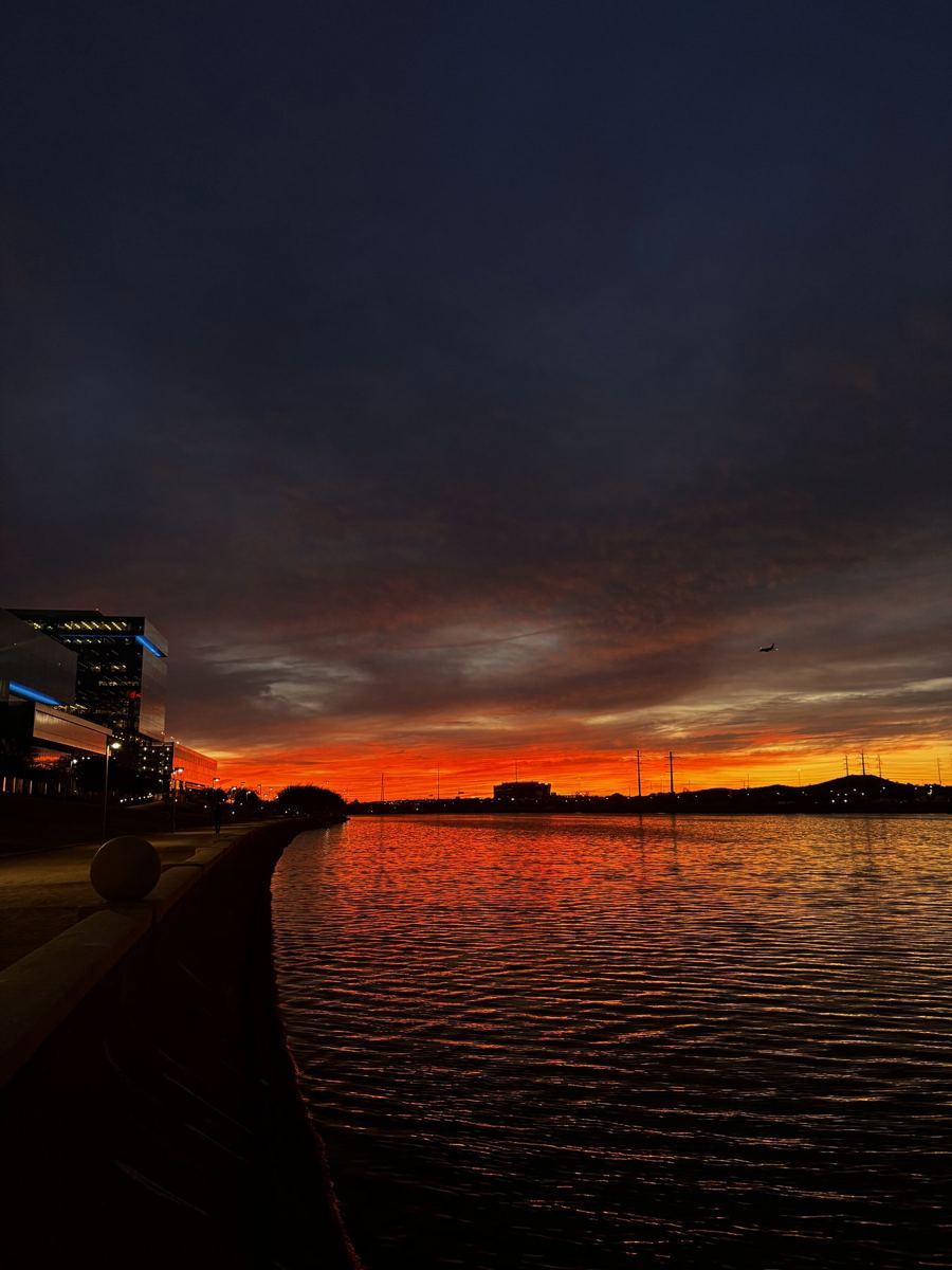 Sunset sky over a lakefront